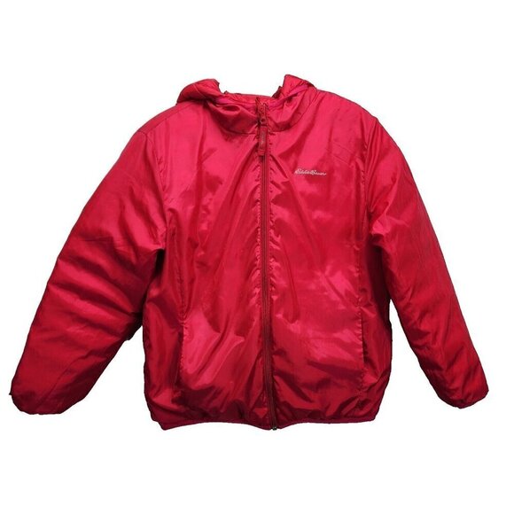 Eddie Bauer Large 14-16 Girls Reversible Hooded Down Jacket Coat Ombré Red Pink - Picture 2 of 14